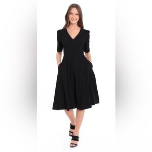 Donna Morgan Sally Dress, V-Neck Fit & Flare Midi Dress with Pockets
